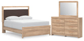 Kinlanni - 3 piezas - Cama queen size tapizada con panel y listones enrollables, cómoda y espejo - Beige