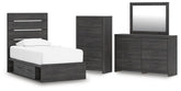 Hollivern - 4 Pc. - Twin Panel Storage Bed, Dresser, Mirror And Chest - Dark Gray