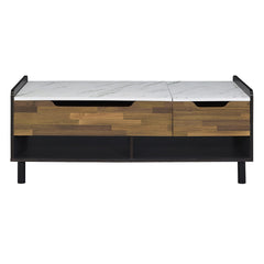Axel - Coffee Table With Lift Top - White Printed Faux Marble Top, Walnut & Black