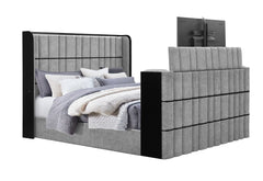 Isabella - 5 Piece King Bedroom Set (King Bed Group With LED, TV Lift, Bluetooth Speaker And Firpeplace Crystal) - Gray