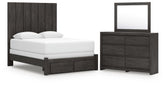 Fraluna - 3 piezas - Cama Queen con panel y almacenamiento, cómoda y espejo - Carbón