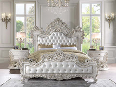 Adara - Eastern King Bed - Pearl White Synthetic Leather & Antique White