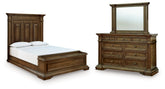 Frantanna - 3 piezas - Cama queen con panel y almacenamiento, cómoda y espejo - Marrón
