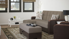 Ottomanson Armada X - Upholstered Convertible Wood Trimmed Ottoman With Storage - Beige/Brown PU Chenille