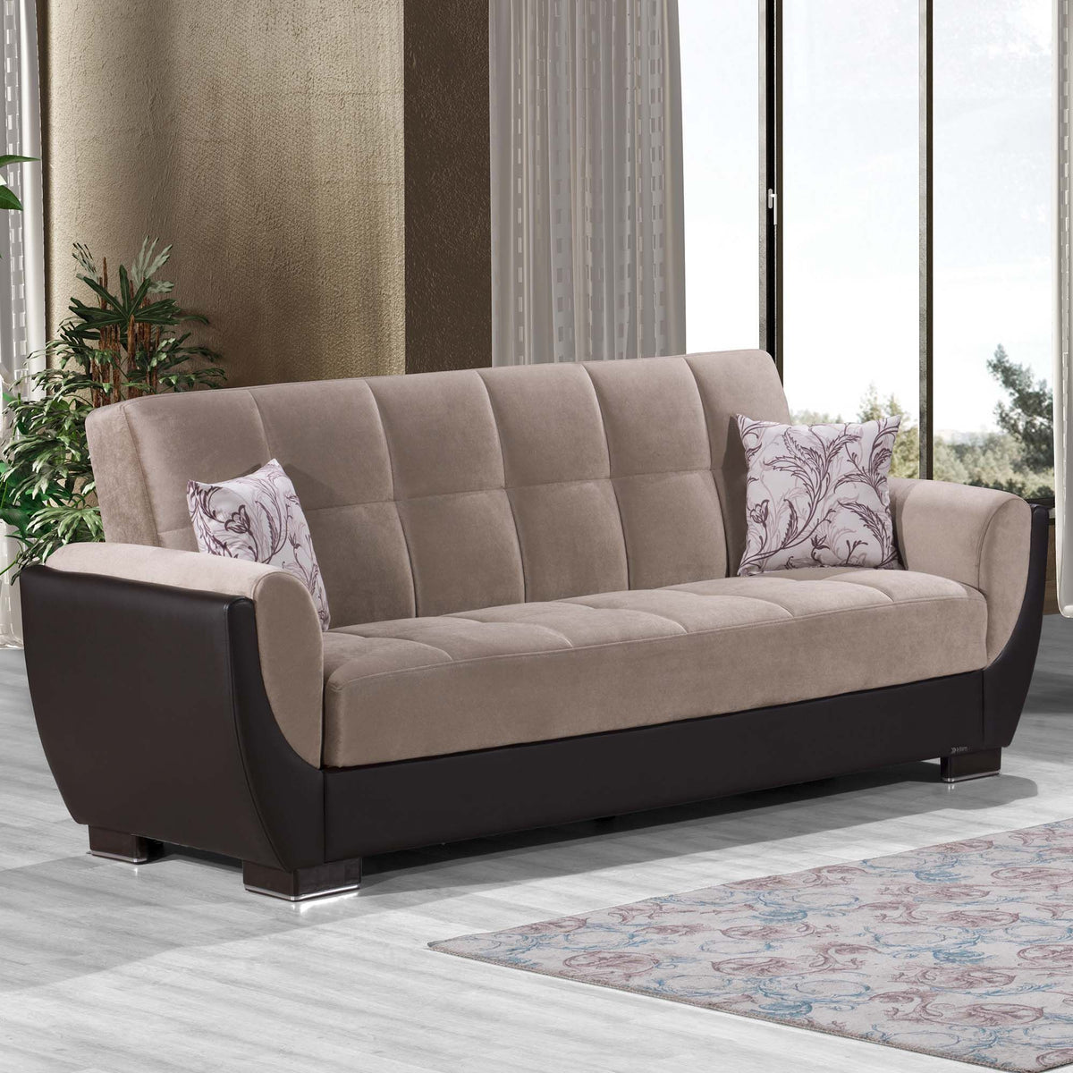 Ottomanson Armada Air - Upholstered Convertible Sofabed With Storage - Beige/Brown PU Chenille