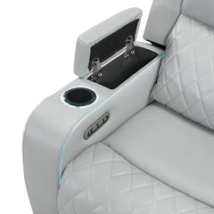 Elonzo - Power Motion Loveseat With Console, LED, Power Headrest & Speaker - Light Gray