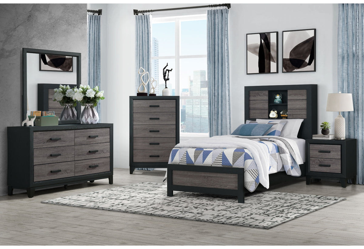 Lisbon - 4 Piece Twin Bedroom Set (Bookcase Twin Bed, Dresser, Mirror And Nightstand) - Black / Gray