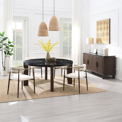Estella - Round Dining Table With Natural Marble Top - Black Top & Walnut
