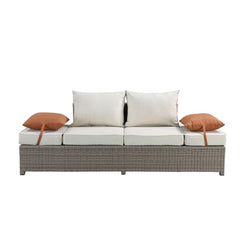Salena - Patio Sofa With 2 Pillows & Ottoman - Beige Fabric & Gray Wicker