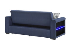 U0211 - Pull Out Sofa Bed With Wooden Bookcase Arm With LED Acrylic Shelves And Speakers - Navy