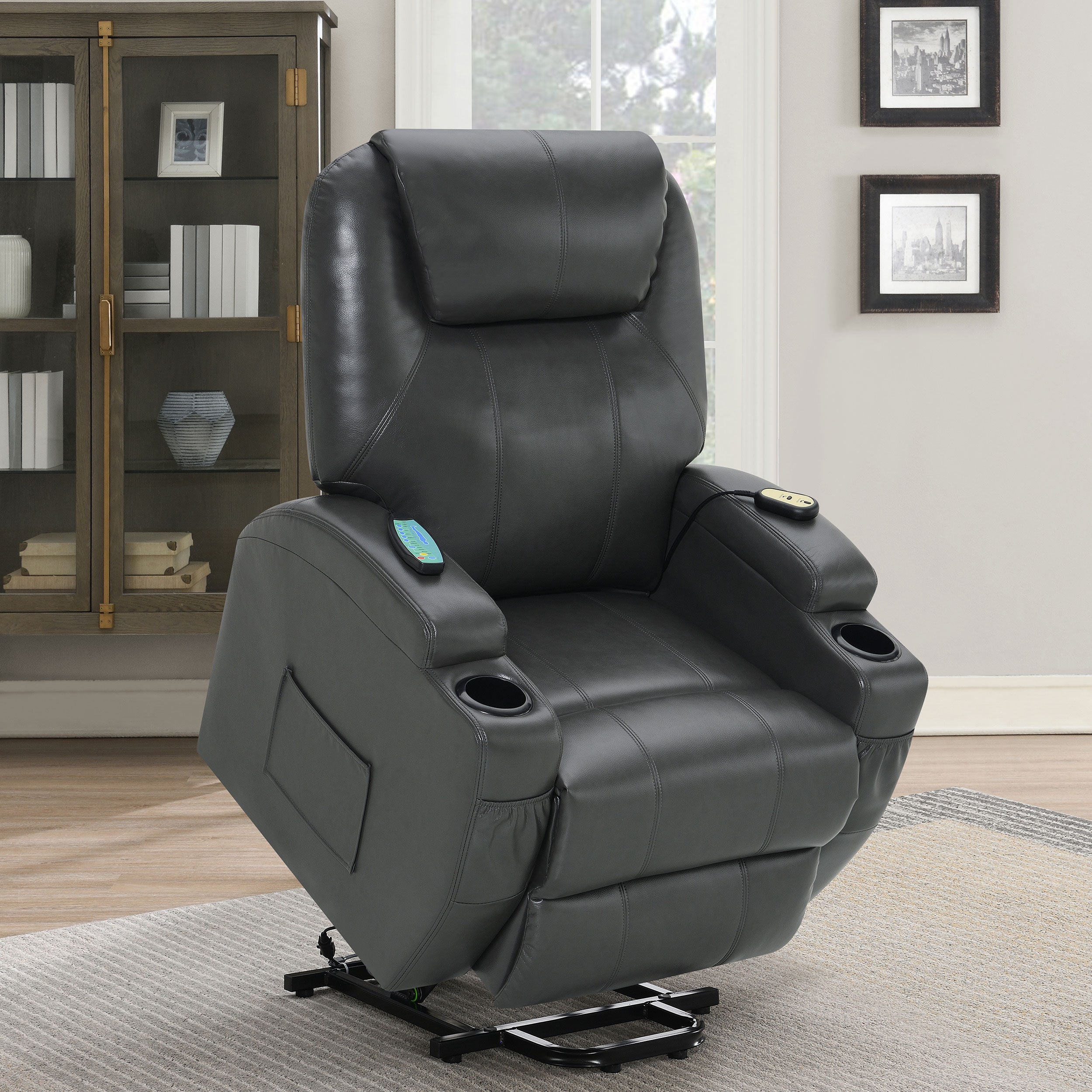 Sanger Upholstered Power Lift Massage Recliner Charcoal Grey - MyWaynesHome #