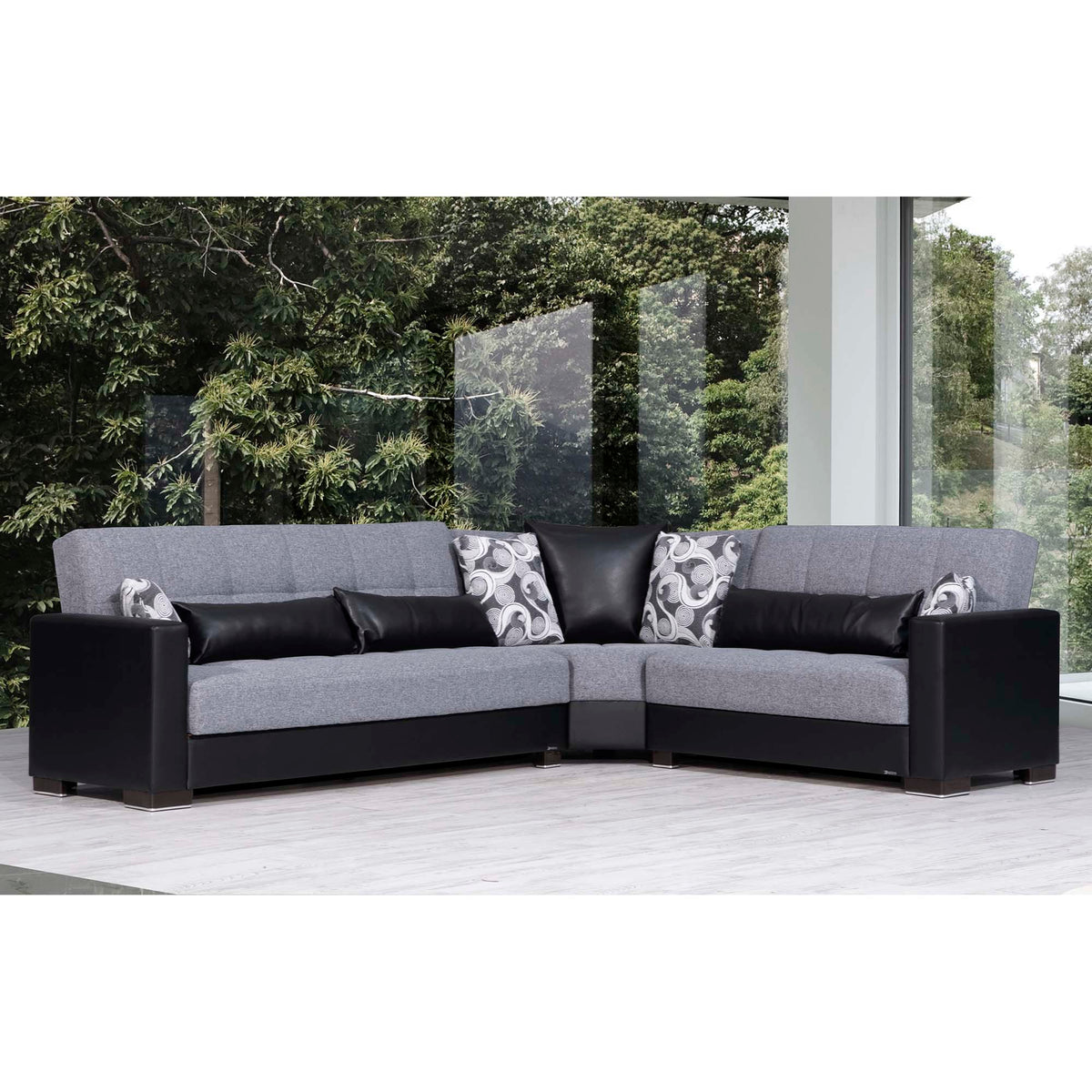 Ottomanson Armada - Upholstered Convertible Sectional With Storage - Gray/Black PU Polyester