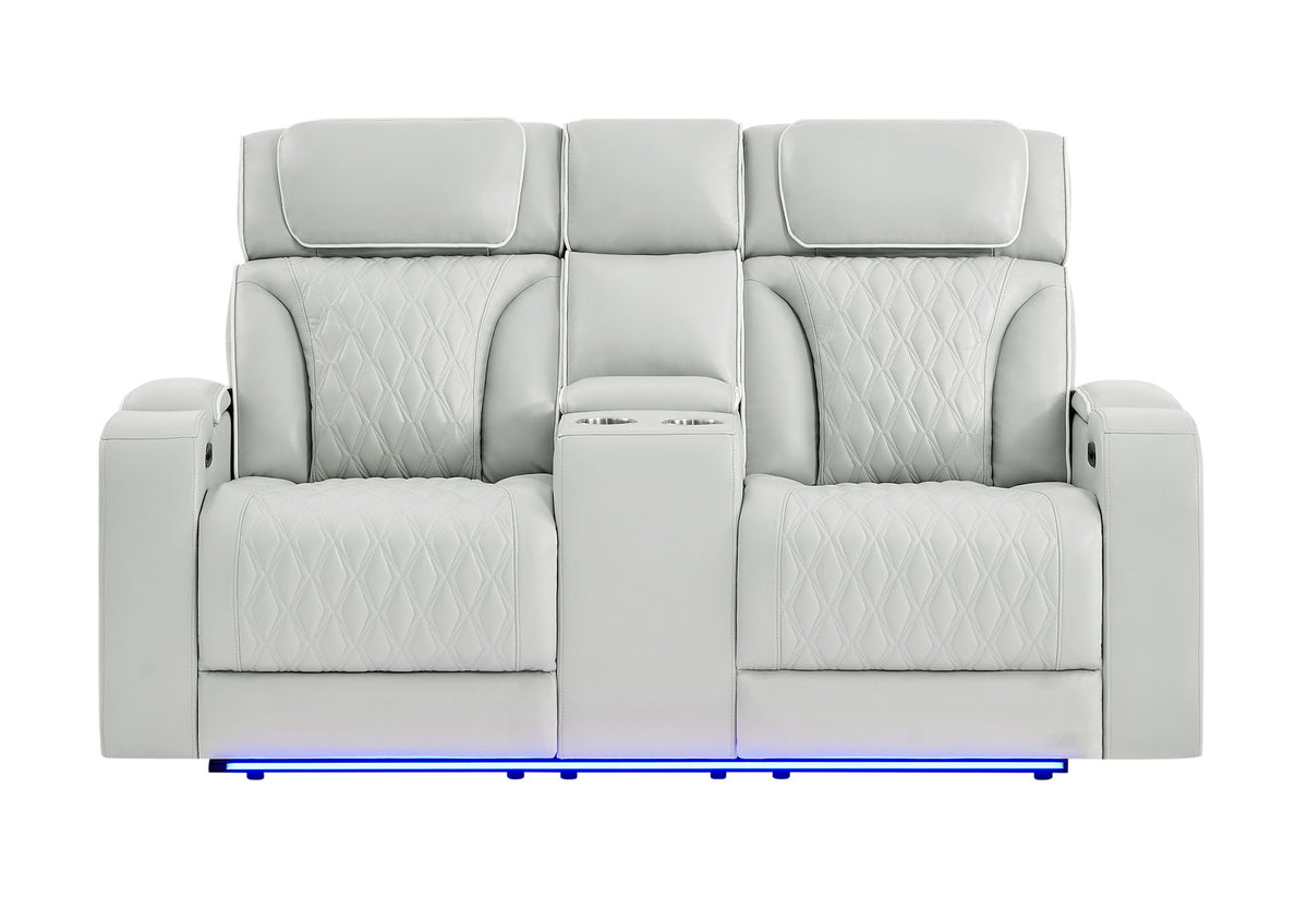U8611 - Power Console Reclining Loveseat With Power Headrest, LED And Speaker - Silver