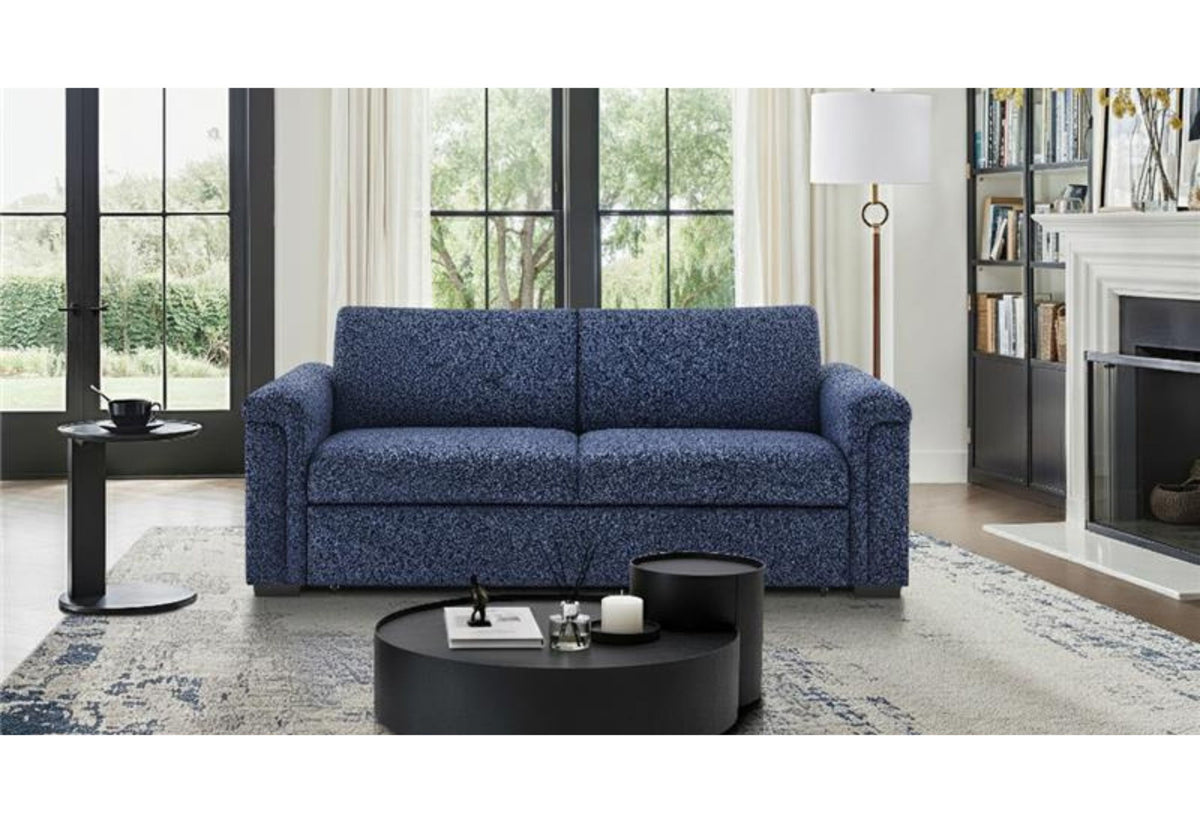 U0211 - Pull Out Sofa Bed With Wooden Bookcase Arm With LED Acrylic Shelves And Speakers - Navy