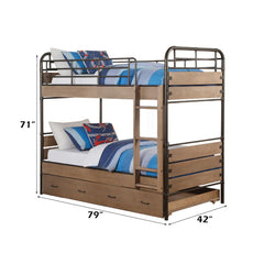 Adams - Twin Over Twin Bunk Bed With Trundle - Antique Oak & Gunmetal