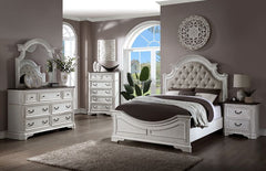 Florian - Cama Queen - Piel Sintética Beige y Blanco Antiguo