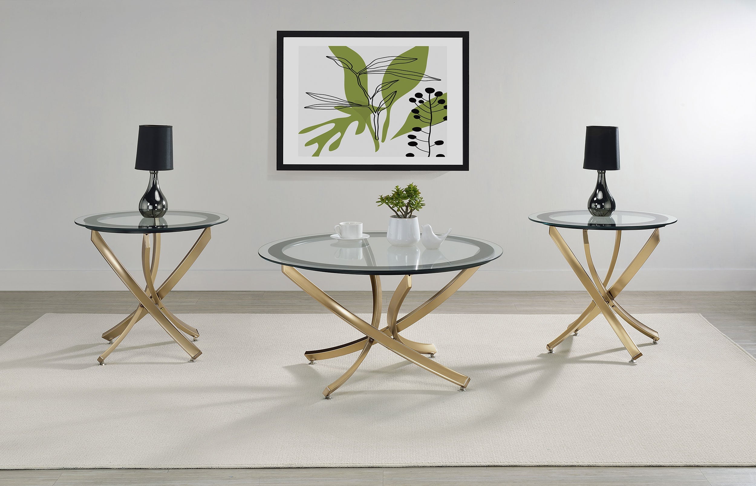 Brooke 3-piece Round Glass Top Coffee Table Set Brass - MyWaynesHome #