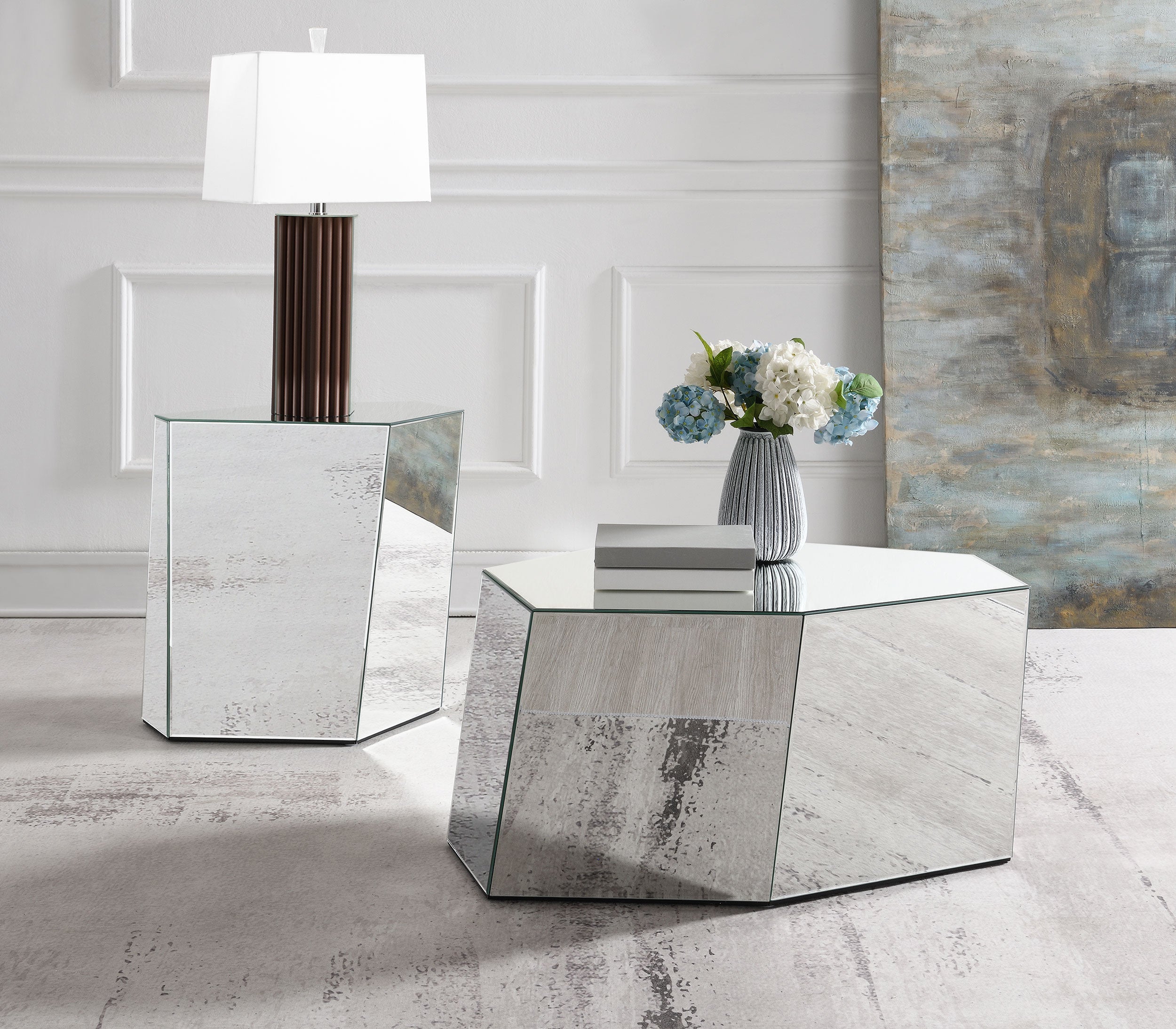 Capella Mirrored Abstract Geometric End Table Silver - MyWaynesHome #