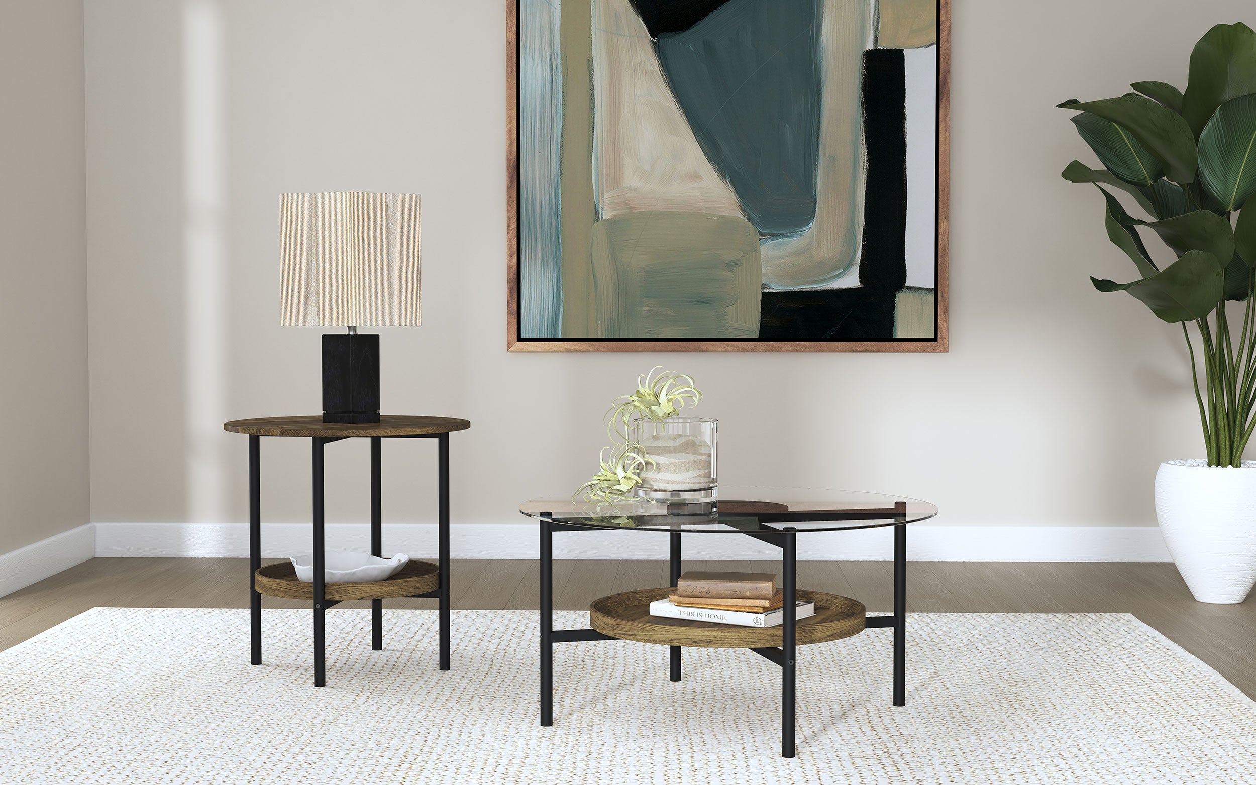 Delfin Round Glass Top Side End Table Black And Brown - MyWaynesHome #