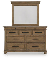 Karallin - 3 Pc. - Queen Panel Storage Bed, Dresser And Mirror - Medium Brown