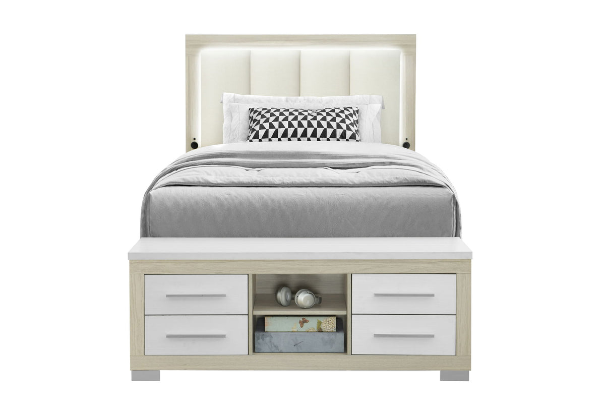 Emma - Full Bed With LED And USB - Light Brown / White