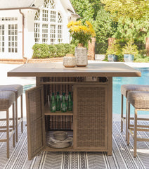Walton Bridge - 5 Pc. - Square Bar Table W/Fire Pit, 4 Barstools - Driftwood