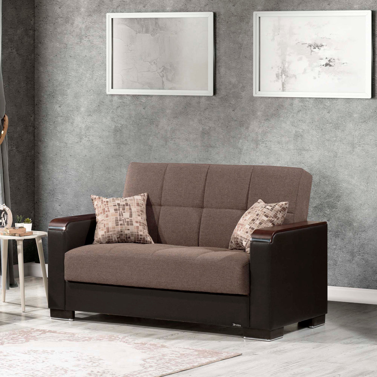 Ottomanson Armada X - Upholstered Convertible Wood Trimmed Loveseat With Storage - Brown PU Polyester