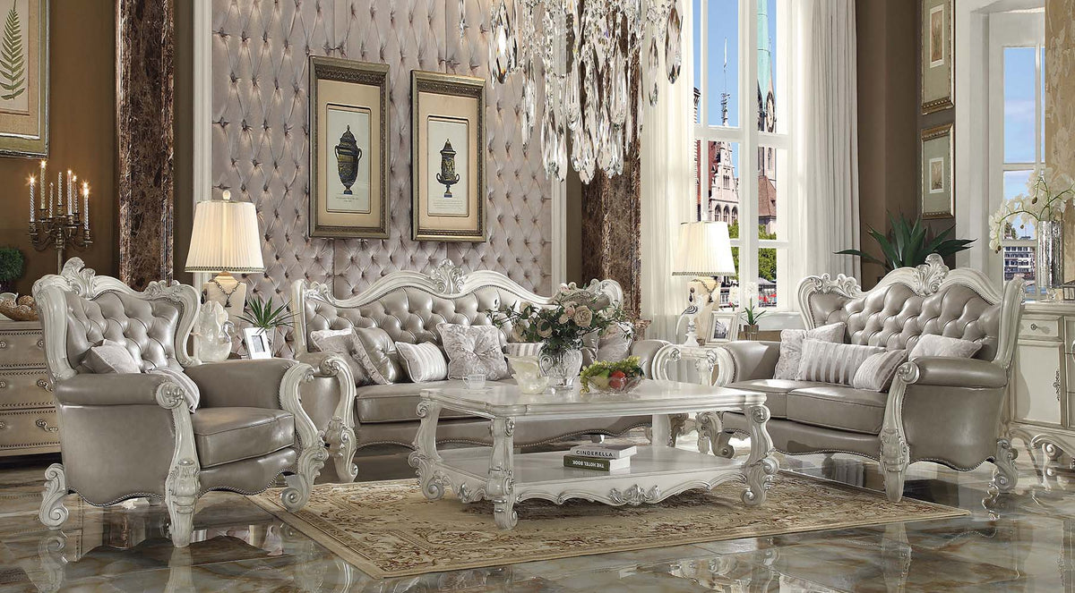 Versailles - Loveseat With 4 Pillows - Vintage Gray Synthetic Leather & Bone White