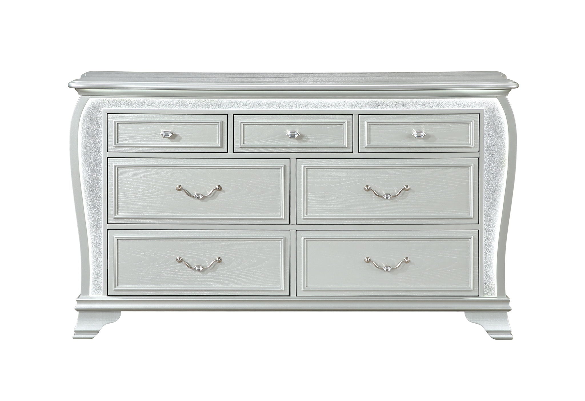 silver dresser and nightstand set Aria down hanging metal drawer pulls embellish its storied historical aesthetic Luxury Antique Silver Champagne Finish