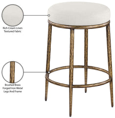 Ferro - Linen Textured Performance Fabric Upholstered Backless Counter Stool - Cream / Brushed Gold